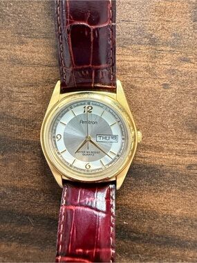 Armitron Gold-Tone Case Silver Dial with Burgundy Leather Strap Watch